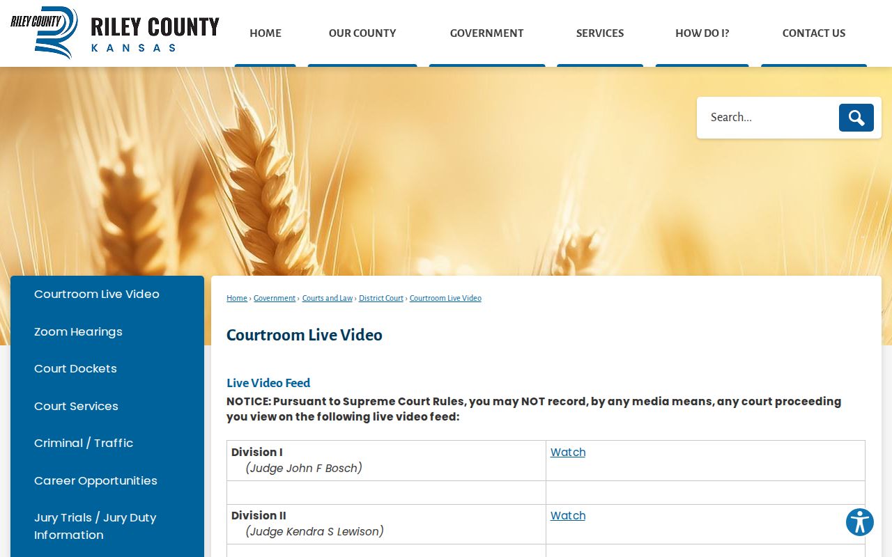 Riley County court schedule division live video links